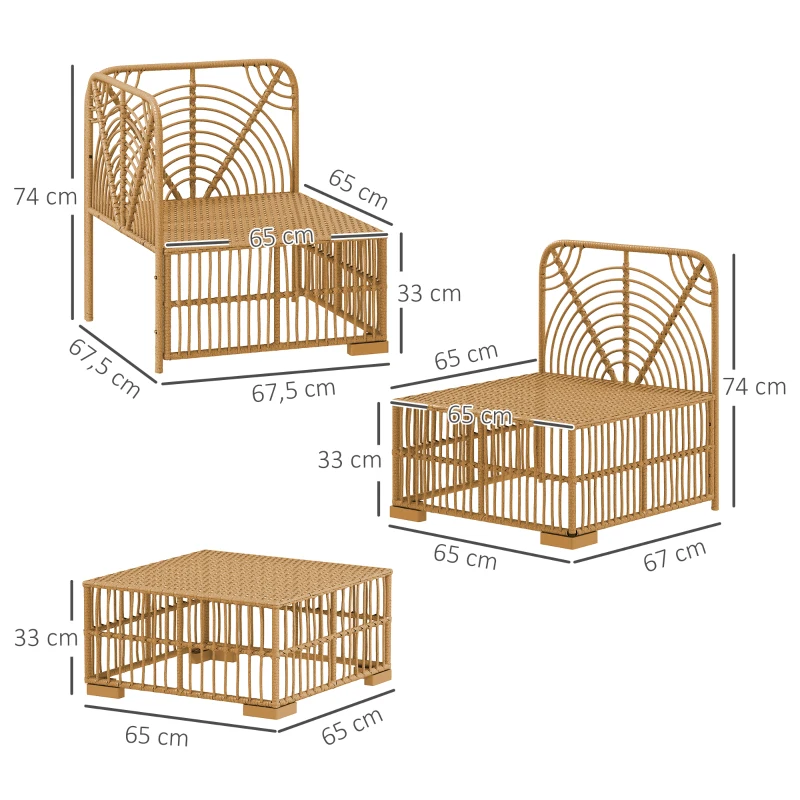 Outsunny 5-teiliges Gartenmöbelset, 2 Eckstühle, 2 Mittelstühle, Fußhocker, Sitzkissen, Rückenkissen, Hellbraun+Cremeweiß