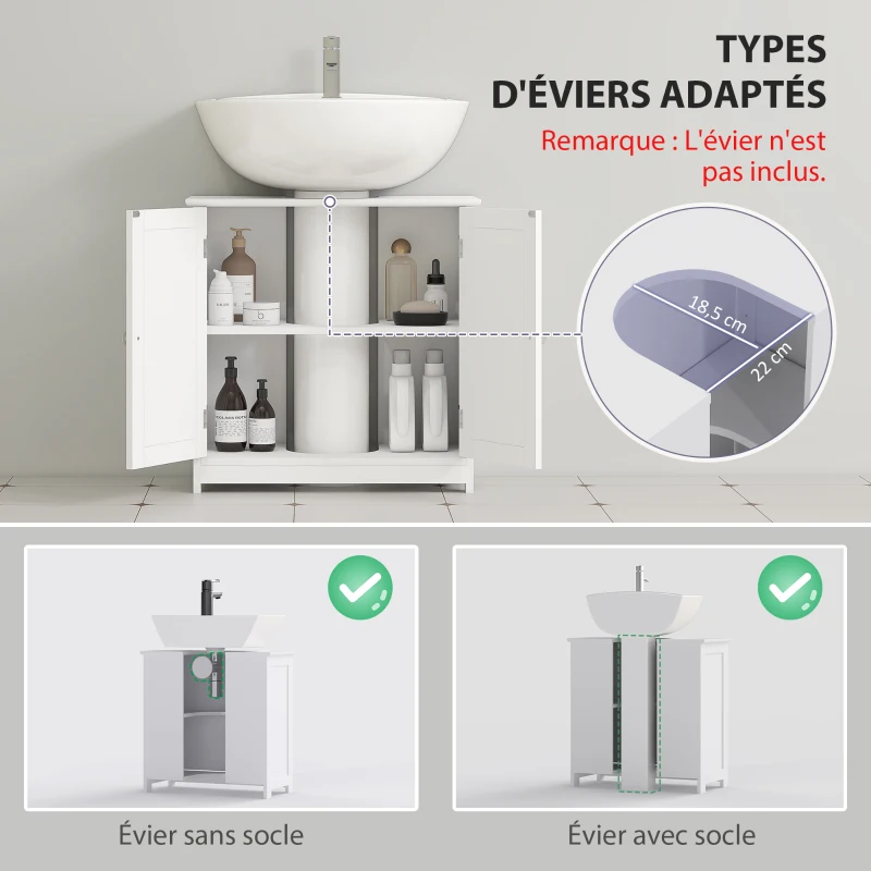 kleankin Meuble salle de bain sous lavabo - meuble sous-vasque - placard 2 portes avec étagère - dim. 60L x 30l x 60H cm - en bois blanc