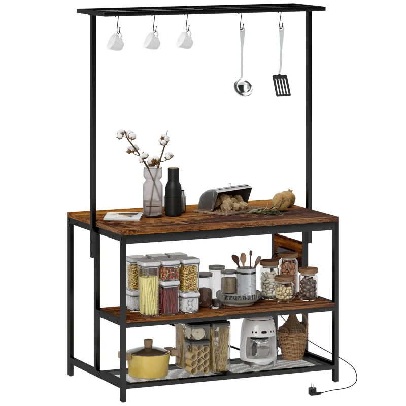 HOMCOM Estante de Cozinha com Tomada de Corrente Estilo Industrial com Prateleiras Ganchos Móvel Auxiliar 116x70x182 cm Marrom Rústico