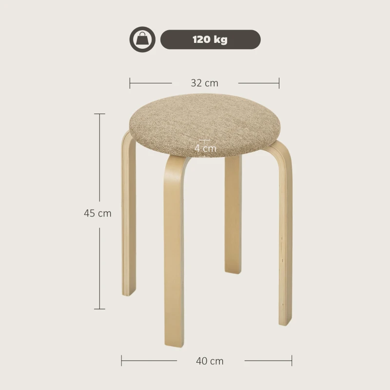 HOMCOM Juego de 4 Taburetes Redondos de Madera Apilables con Asiento Acolchado para Cocina Comedor Dormitorio Caqui