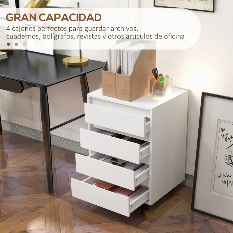 HOMCOM Cajonera de Oficina con 4 Cajones Cajonera de Escritorio con Ruedas para Estudio 46x40x65 cm Blanco