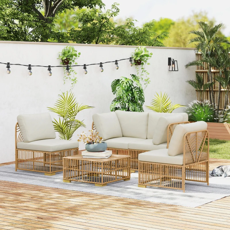 Outsunny 5-teiliges Gartenmöbelset, 2 Eckstühle, 2 Mittelstühle, Fußhocker, Sitzkissen, Rückenkissen, Hellbraun+Cremeweiß