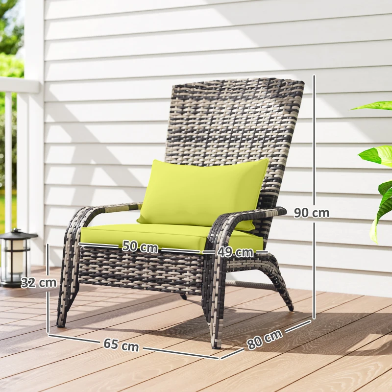 Outsunny Sedia da Giardino Adironrack con Braccioli e Cuscini, Sedia in Rattan e Acciaio per Interni ed Esterni, 64x80x90 cm, Verde