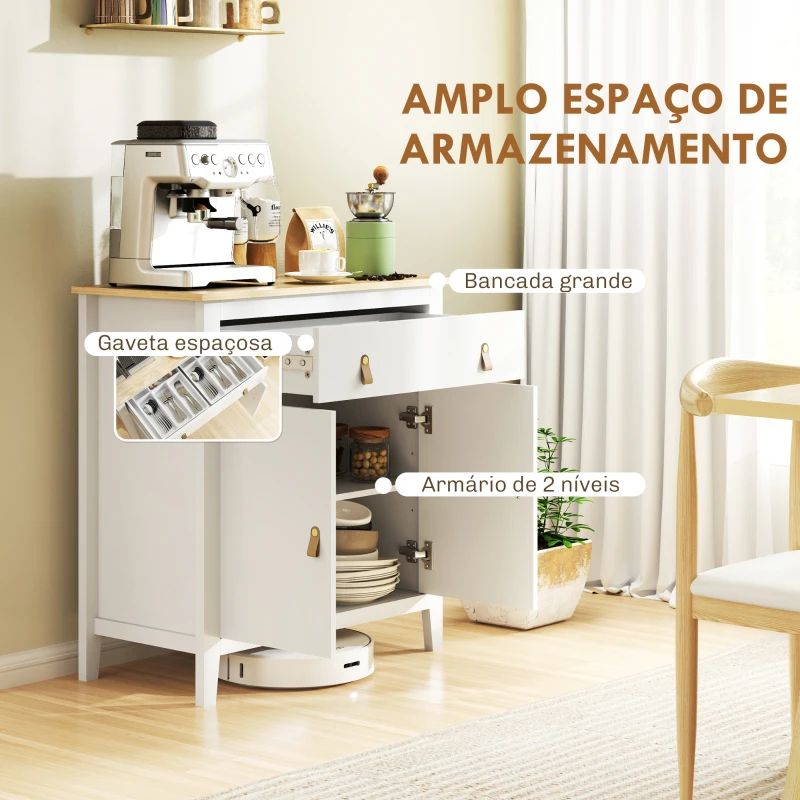 HOMCOM Aparador Sala de Estar Moderno com Gaveta Prateleira Ajustável e Puxadores em PU 80x40x90 cm Branco e Madeira