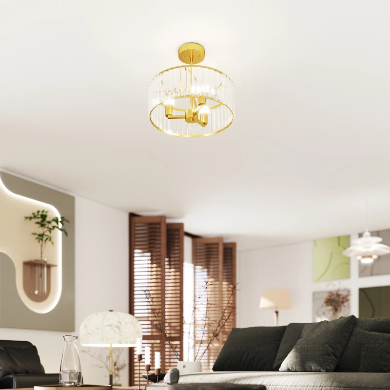 HOMCOM Plafondlamp, Kronleuchter-Design, Kristallen kap, 3 lampen, Metaal, Goudkleurig(m-9)