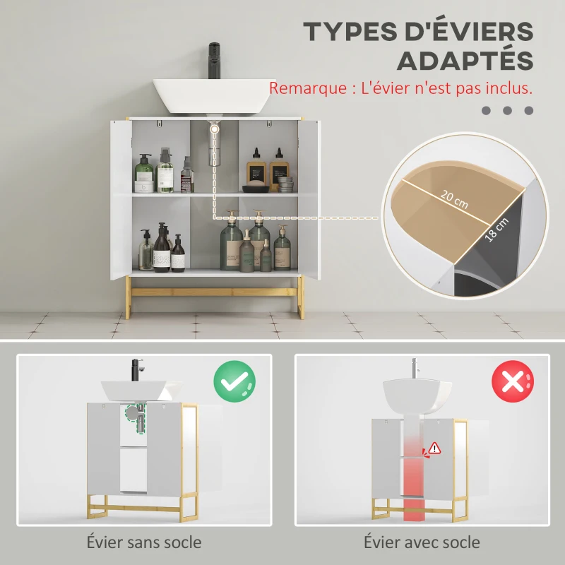 HOMCOM Meuble sous vasque 2 portes avec étagère réglable armoire de rangement pour lavabo 70L x 33l x 79,5H cm MDF et bambou