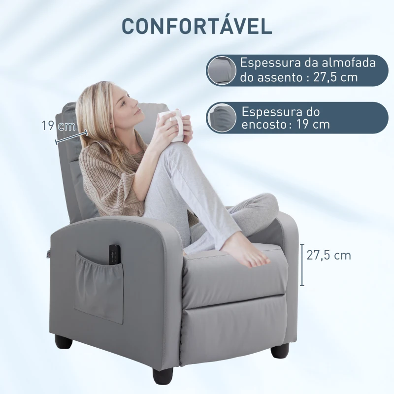 HOMCOM Poltrona de Massagem Reclinável com Controlo Remoto 2 Áreas de Massagem 8 Programas 5 Níveis 68x88x98 cm Cinzento