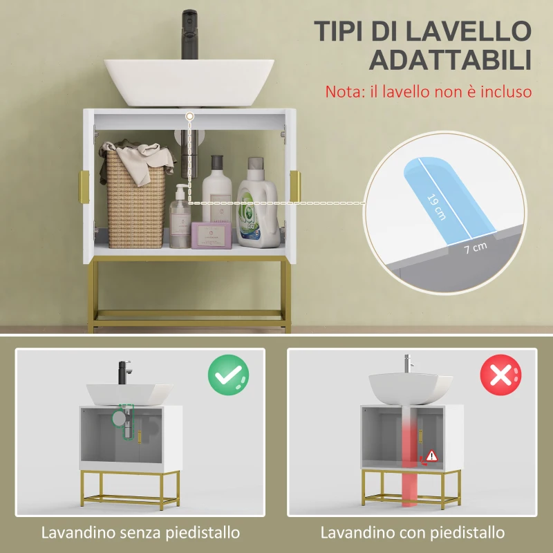 kleankin Mobile Bagno Sottolavabo con Armadietto 2 Ante in Legno e Acciaio, 60x30x65cm, Bianco e Oro