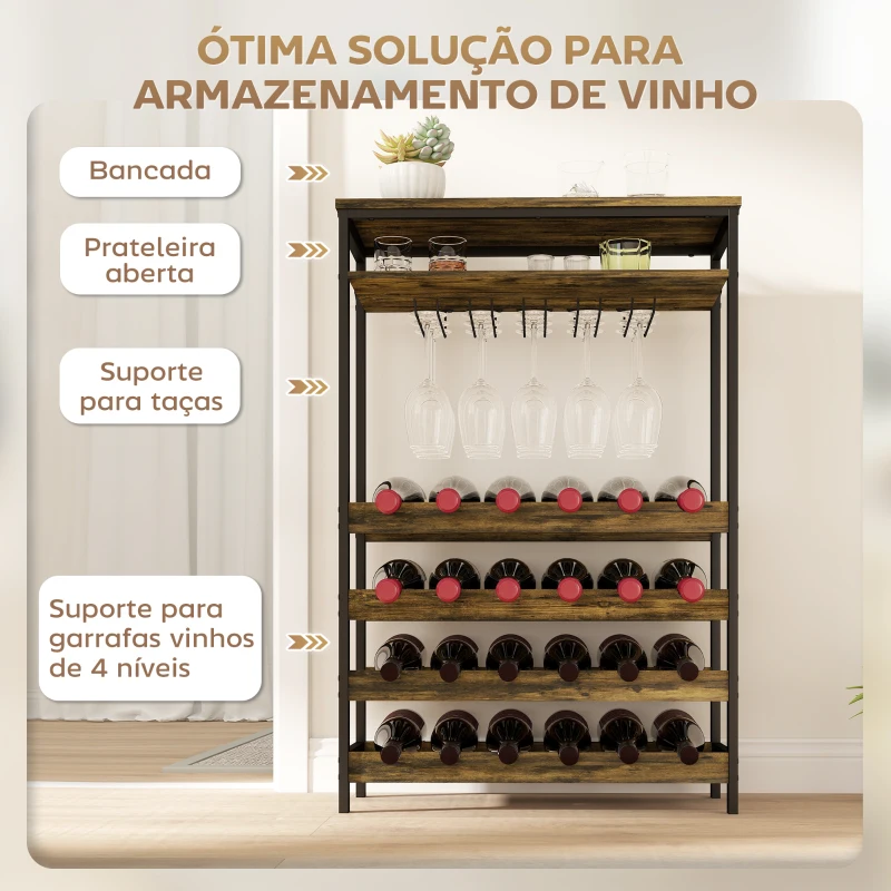 HOMCOM Suporte para Vinho para 24 Garrafas Estilo Industrial com Suporte para Copos e Prateleira Aberta 66x30x100,3 cm Castanho Rústico