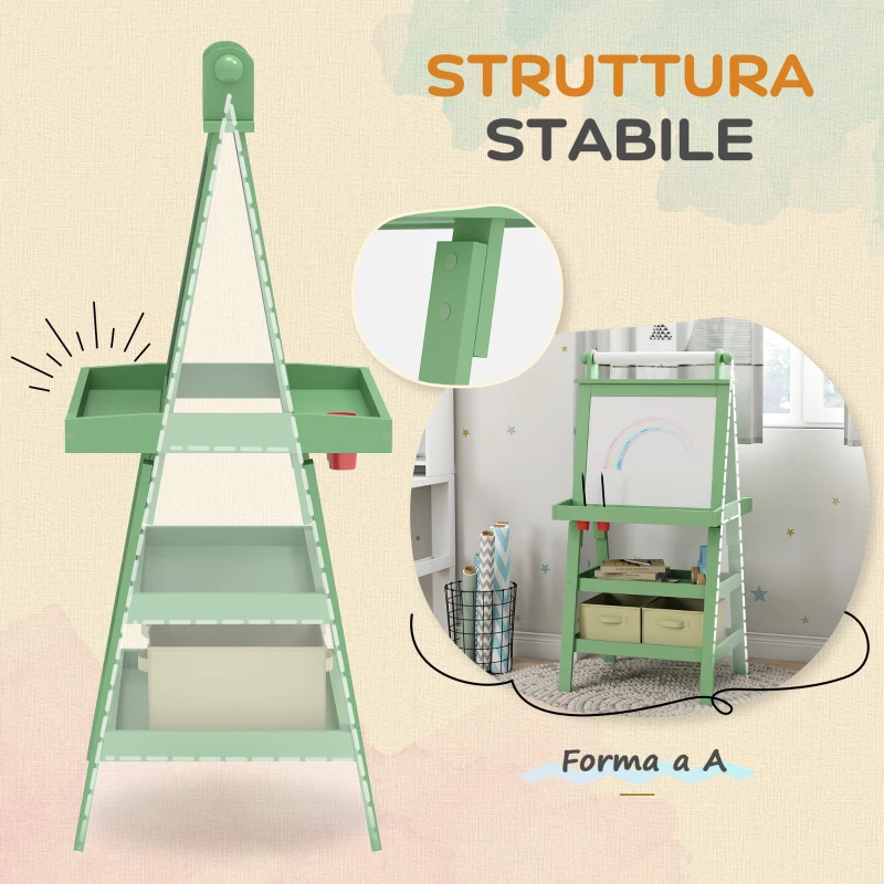 AIYAPLAY Lavagna per Bambini con Cavalletto 3 in 1, Rotolo di Carta e 2 Contenitori, in Legno, 59x48x118 cm, Verde