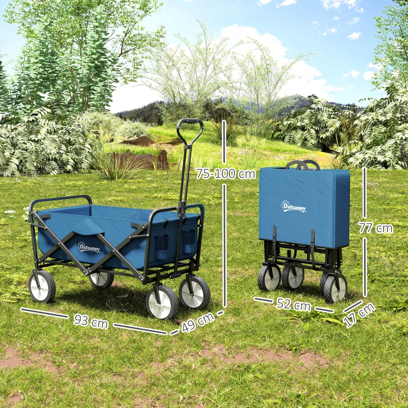 Outsunny 90L Folding Garden Trolley Cart Pull Along Wagon with Telescopic Handle for Beach Camping Festival - Navy Blue