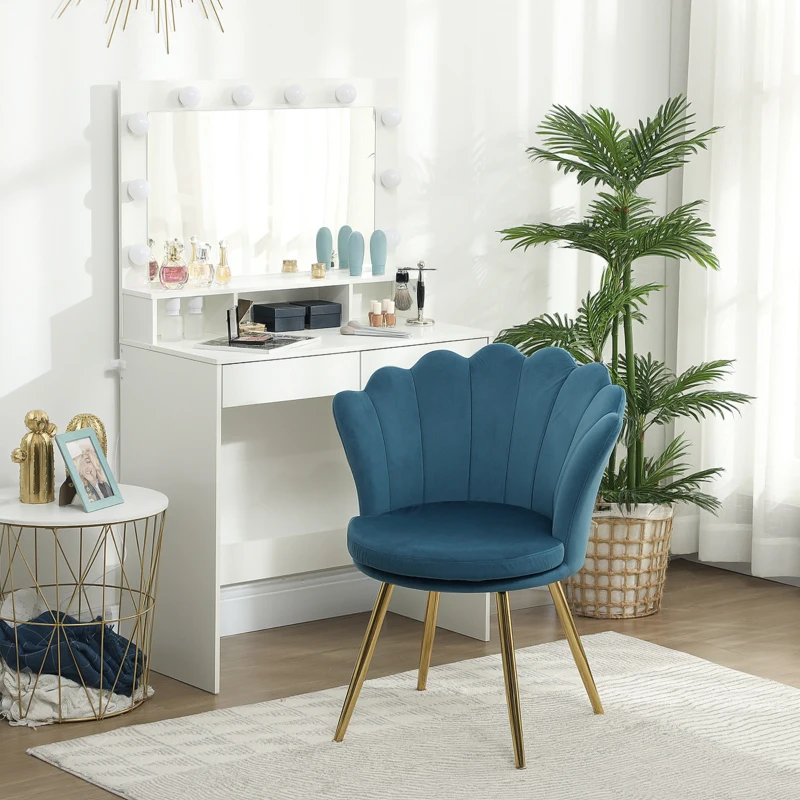 HOMCOM Fauteuil coquillage chaise coiffeuse fauteuil en velours fauteuil de salon avec pieds en métal doré bleu