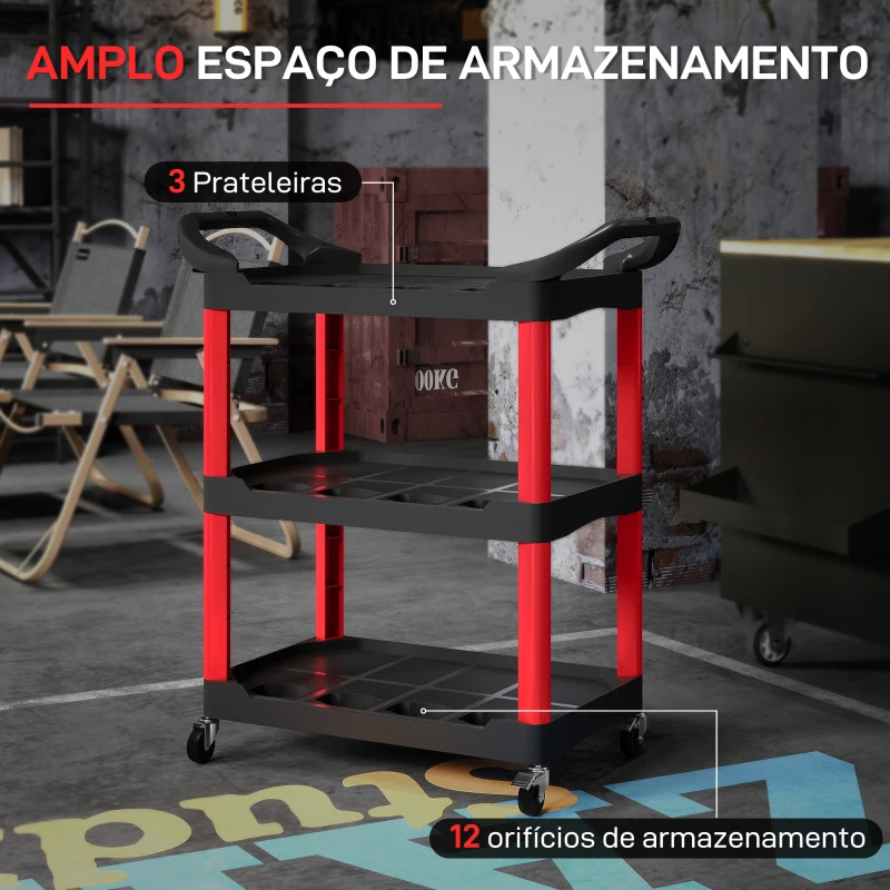 HOMCOM Carro de Oficina Carro de Ferramentas com 3 Prateleiras Rodas e Pegas para Garagem Oficina Casa 83x43x97 cm Vermelho e Preto