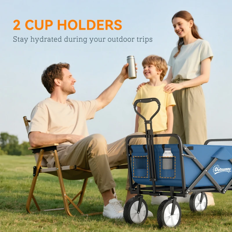 Outsunny 90L Folding Garden Trolley Cart Pull Along Wagon with Telescopic Handle for Beach Camping Festival - Navy Blue