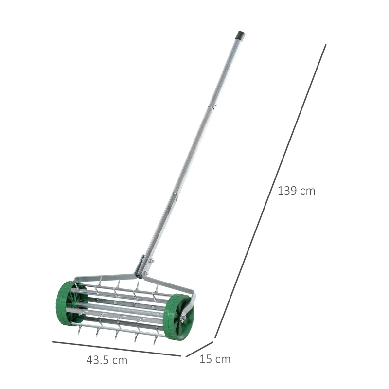 Outsunny Rastrello Scarificatore con Ruote da Giardino Ferro zincato 135×42×15cm Verde, argento
