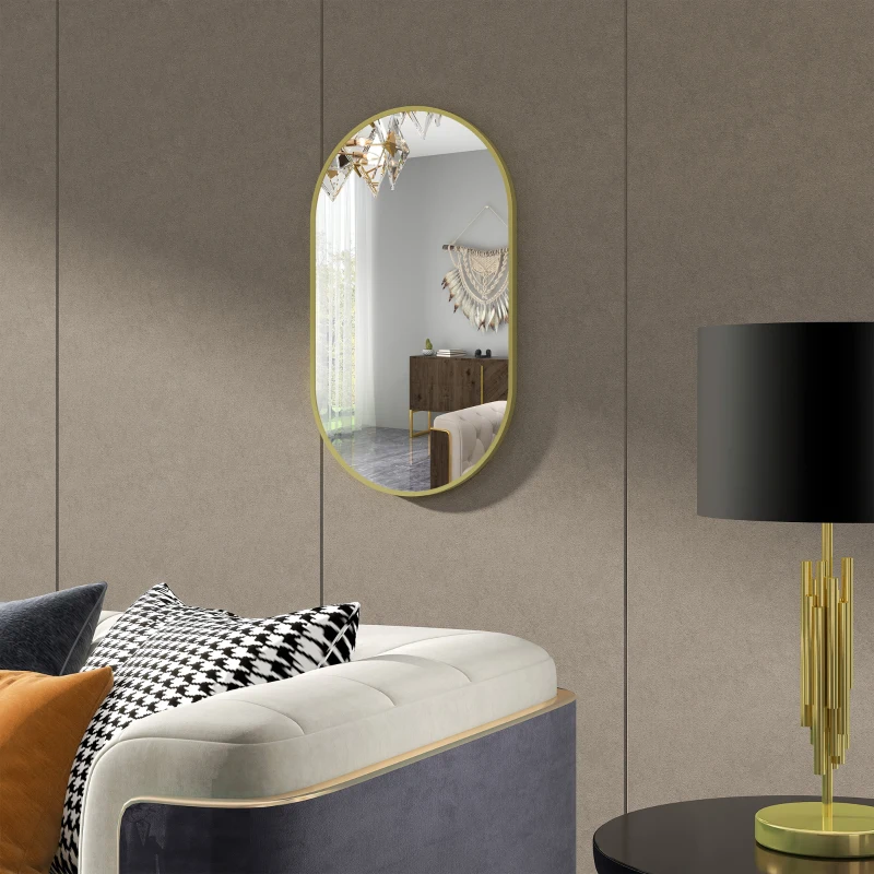 HOMCOM Espelho Casa de Banho Oval 40x3x70 cm Espelho Decorativo de Parede com Estrutura de Liga de Alumínio Horizontal ou Vertical Dourado
