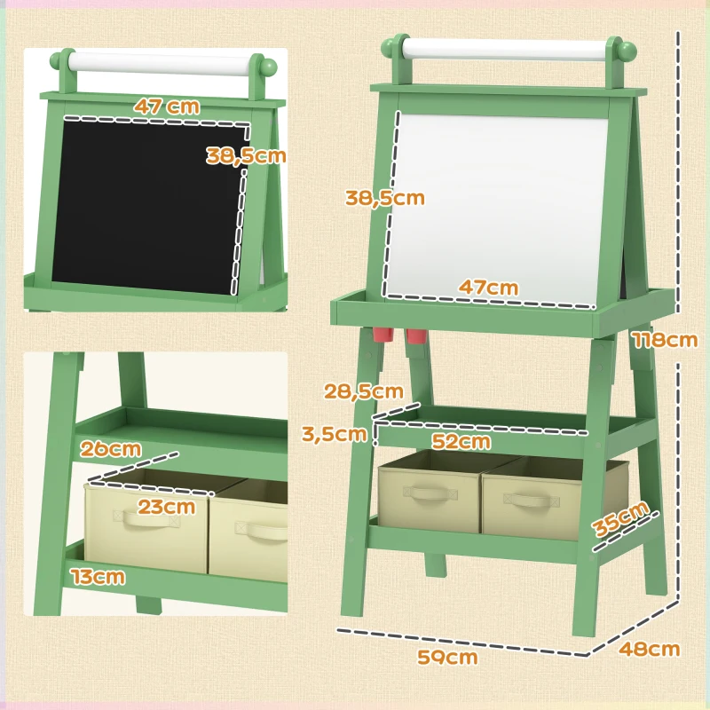 AIYAPLAY Cavalete de Pintura Infantil 3 em 1 Quadro Dupla Face com Rolo de Papel e Cestos de Arrumação Verde