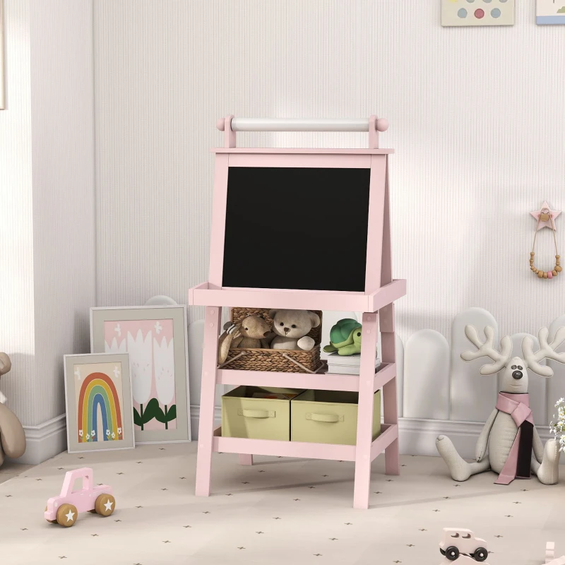 AIYAPLAY Pizarra Infantil Caballete 3 en 1 Caballete de Pintura para Niños de Doble Cara con Rollo de Papel y Cestas Rosa Palo