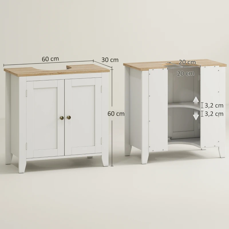 HOMCOM Waschbeckenunterschrank, Badschrank, langlebig, versetzbarer Einlegeboden, 60x30x60cm, Weiß/Natur