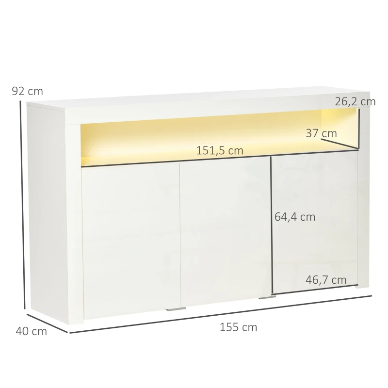 HOMCOM Buffet LED - meuble de rangement LED - 3 placards avec étagère et grande niche - panneaux particules MDF blanc laqué