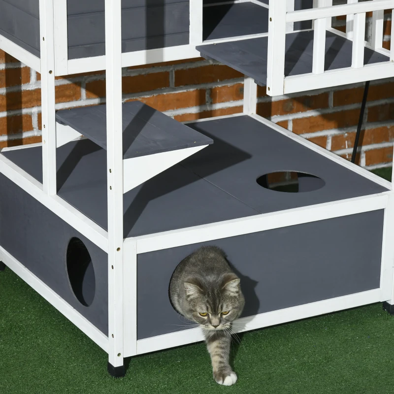 PawHut Kattenhuis voor buiten 4 Verdiepingen Met Balkon Asfaltdak Hout voor Dierenliefhebbers Grijs(m-9)