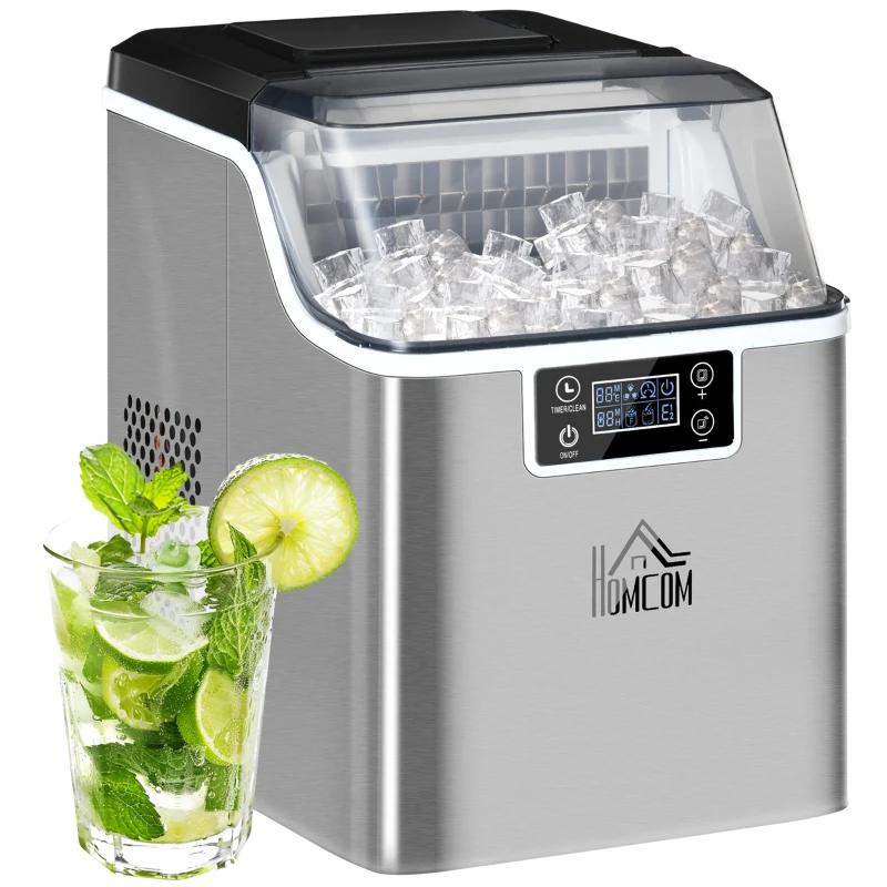 HOMCOM 3.2L Compact Ice Machine, with LCD Screen and Accessories - Silver-Tone