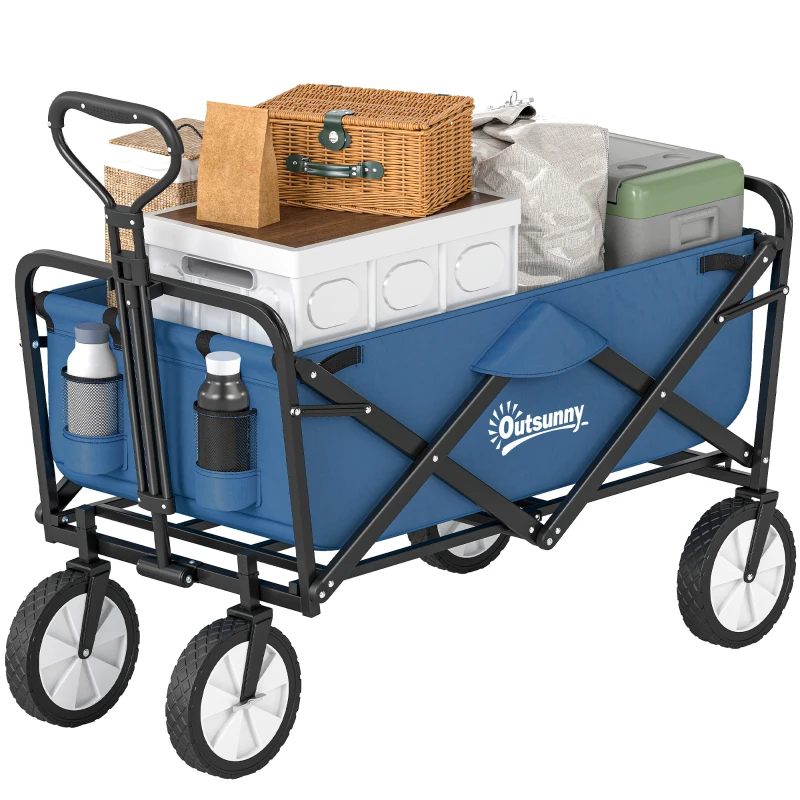 Outsunny 90L Folding Garden Trolley Cart Pull Along Wagon with Telescopic Handle for Beach Camping Festival - Navy Blue