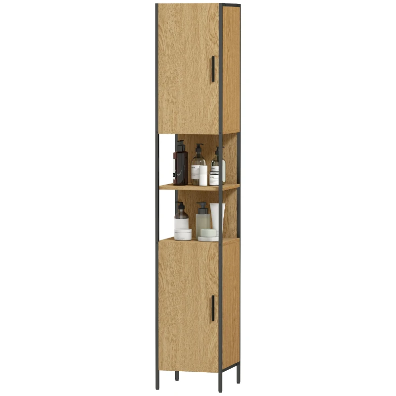 HOMCOM Tall Bathroom Cabinet with 2 Doors, Open Compartments and Adjustable Shelves - Natural Wood Finish