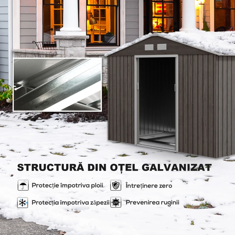 Outsunny Casuta Gradina Gri 277×191×192 cm – Din Lamiera de Fier(m-4)
