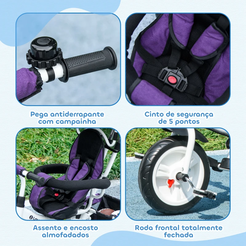 HOMCOM Triciclo Evolutivo para Bebés de +12 Meses 2 em 1 com Toldo Dobrável Guiador Cinto de Segurança e Cesto 95x50x106 cm Roxo