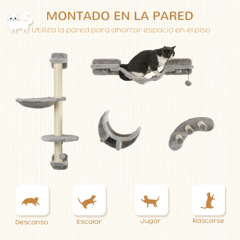 PawHut Juego de Escalada para Gatos de 4 Piezas Montado en la Pared con Hamaca Plataformas y Rascadores de Sisal Gris
