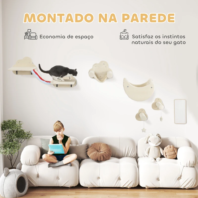 PawHut Conjunto de Prateleiras de Escalada para Gatos de 6 Peças com Rede Plataformas Escadas Tábua de Arranhar e Poste de Sisal Bege