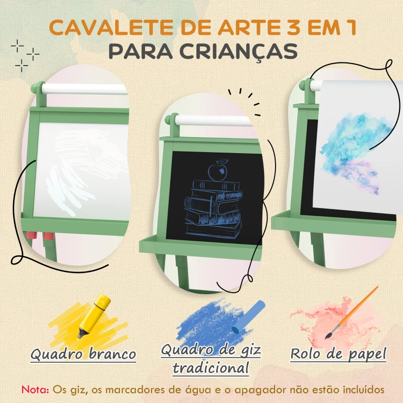 AIYAPLAY Cavalete de Pintura Infantil 3 em 1 Quadro Dupla Face com Rolo de Papel e Cestos de Arrumação Verde