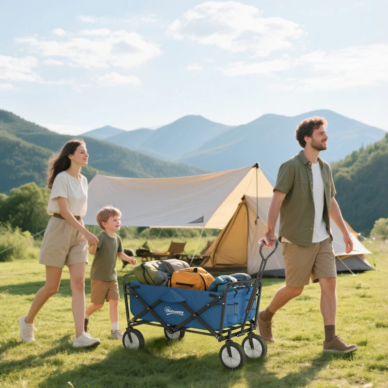 Outsunny 90L Folding Garden Trolley Cart Pull Along Wagon with Telescopic Handle for Beach Camping Festival - Navy Blue