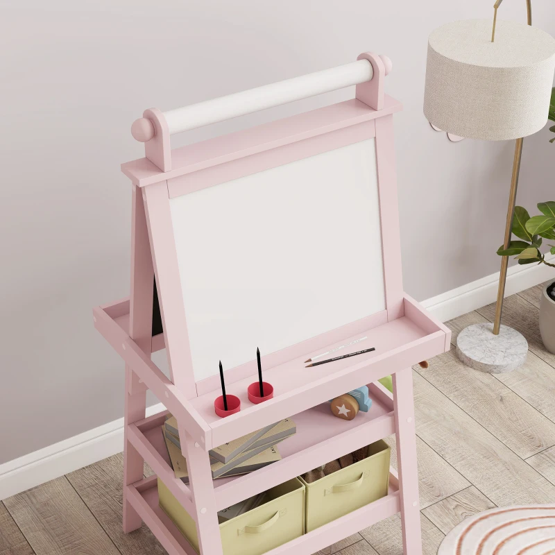 AIYAPLAY Pizarra Infantil Caballete 3 en 1 Caballete de Pintura para Niños de Doble Cara con Rollo de Papel y Cestas Rosa Palo