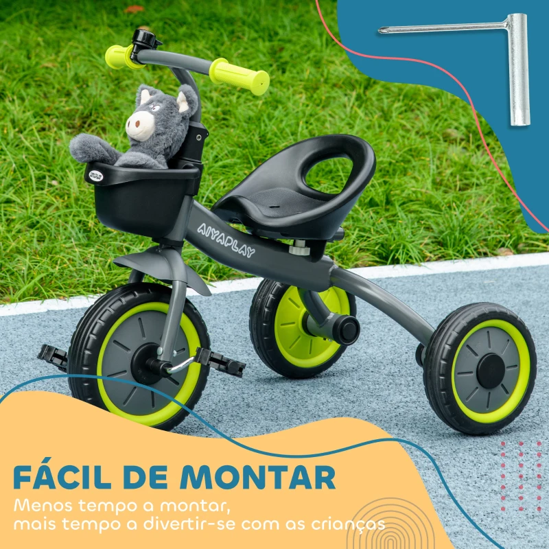 AIYAPLAY Triciclo para Crianças de 2 a 5 anos com Assento Ajustável Cesta Buzina e Pedais e 3 Rodas 70,5x53x58 cm Cinza e Verde