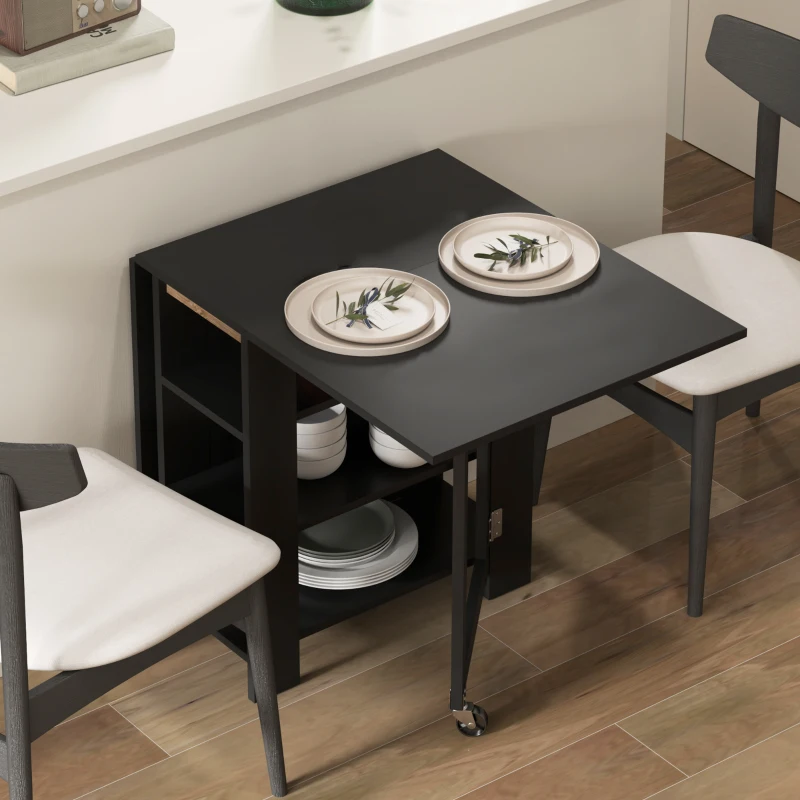 HOMCOM Mesa de Cozinha com Laterais Dobráveis Mesa de Refeição com 2 Rodas e Prateleiras Estilo Moderno 120x60x75 cm Preto