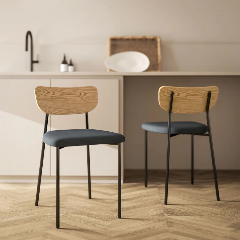 HOMCOM Lot de 2 chaises de salle à manger avec pieds en acier, dossier incurvé et assise rembourrée, gris et effet bois naturel