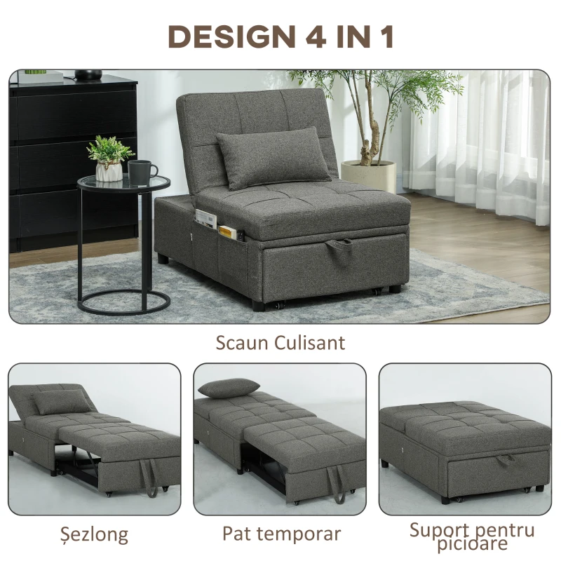 HOMCOM Fotoliu-Pat Individual 4 în 1 Convertibil în Șezlong și Taburet, 72x104x81 cm, Gri Închis(m-5)