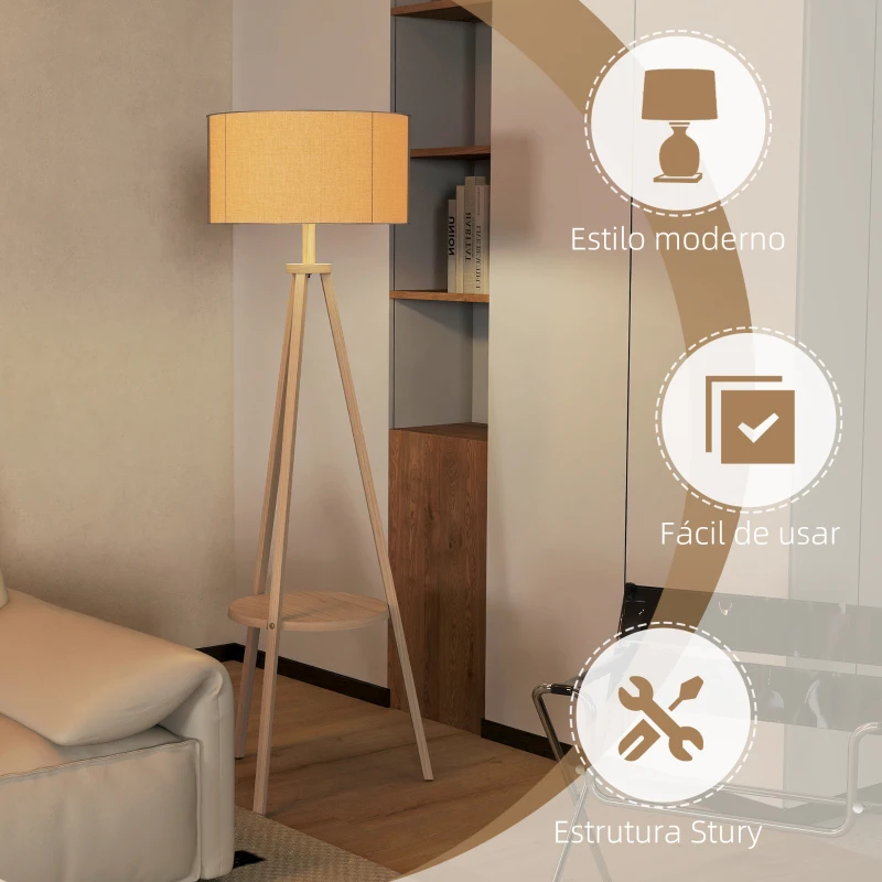 HOMCOM Candeeiro de Pé com Tripé com Estrutura em Madeira e Ecrã Similar ao Linho com Prateleira 48x48x153 cm Madeira e Cinzento