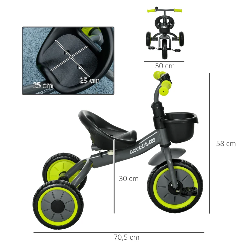 AIYAPLAY Triciclo para Crianças de 2 a 5 anos com Assento Ajustável Cesta Buzina e Pedais e 3 Rodas 70,5x53x58 cm Cinza e Verde