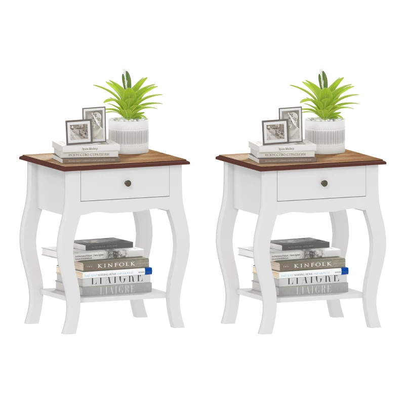HOMCOM 2pcs Bedside Tables with Drawer, French Style Bedside Cabinets with Open Shelf for Bedroom, Living Room, White