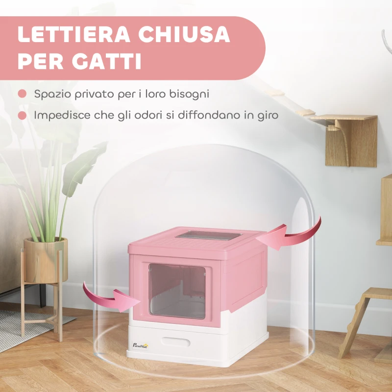 PawHut Lettiera per Gatti Chiusa in PP a 2 Porte con Paletta e Vassoio Estraibile, 47.5x35.5x36.7 cm, Rosa e Bianco