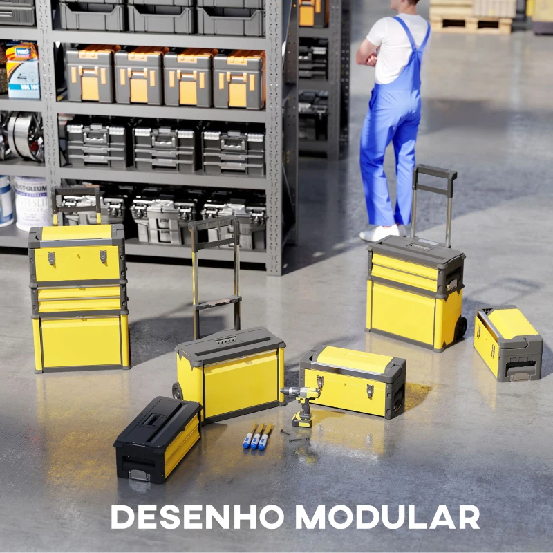 HOMCOM Caixa de Ferramentas Empilhável 3 em 1 Caixa de Ferramentas com Rodas Carro de Ferramentas de Aço  52x32x72 cm Amarelo e Preto