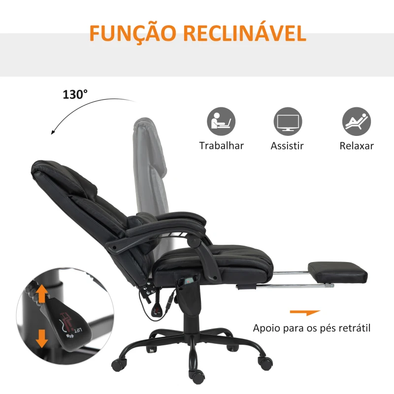 Vinsetto Cadeira de Escritório com Massagem de 6 Pontos Encosto Alto Reclinável Apoio para Pés e Controlo Remoto 66x75x112-122 cm Preto