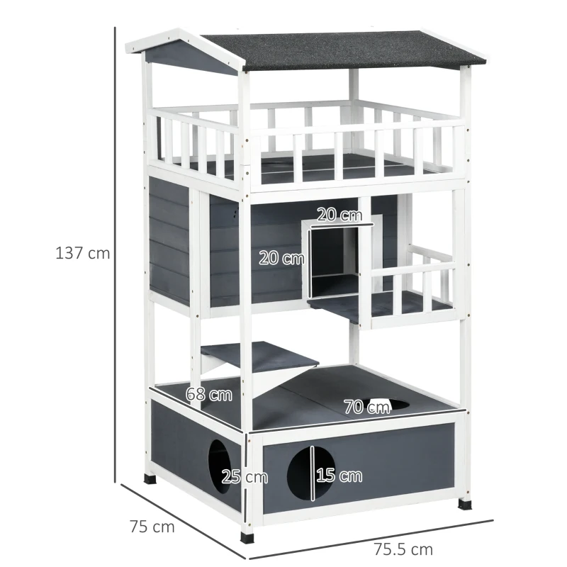 PawHut Kattenhuis voor buiten 4 Verdiepingen Met Balkon Asfaltdak Hout voor Dierenliefhebbers Grijs(m-3)