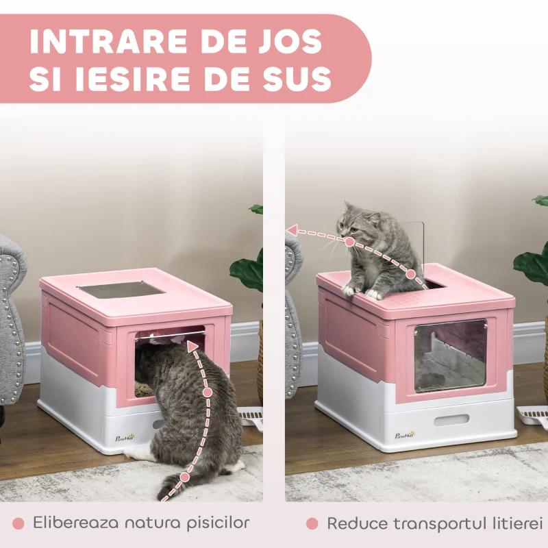 PawHut Litieră Acoperită pentru Pisici cu Lopățică Inclusă, Tavă Detașabilă și 2 Uși, 47,5x35,5x36,7 cm, Roz