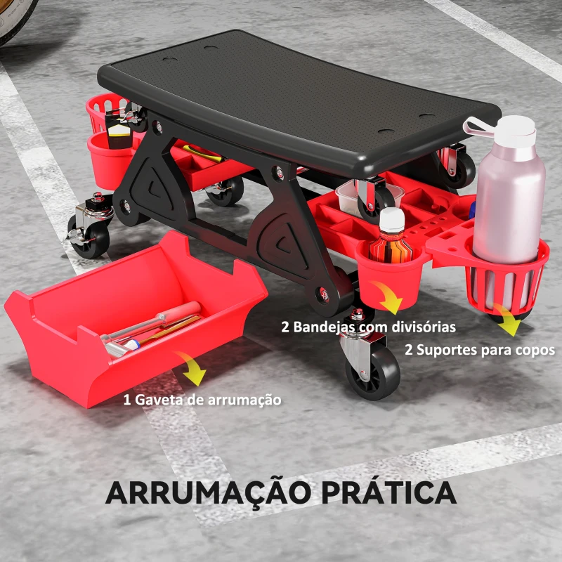 HOMCOM Banco de Trabalho Giratório com Rodas Altura Ajustável Banco Mecânico com 2 Bandejas para Ferramentas e Gaveta 86x33x33 cm Vermelho