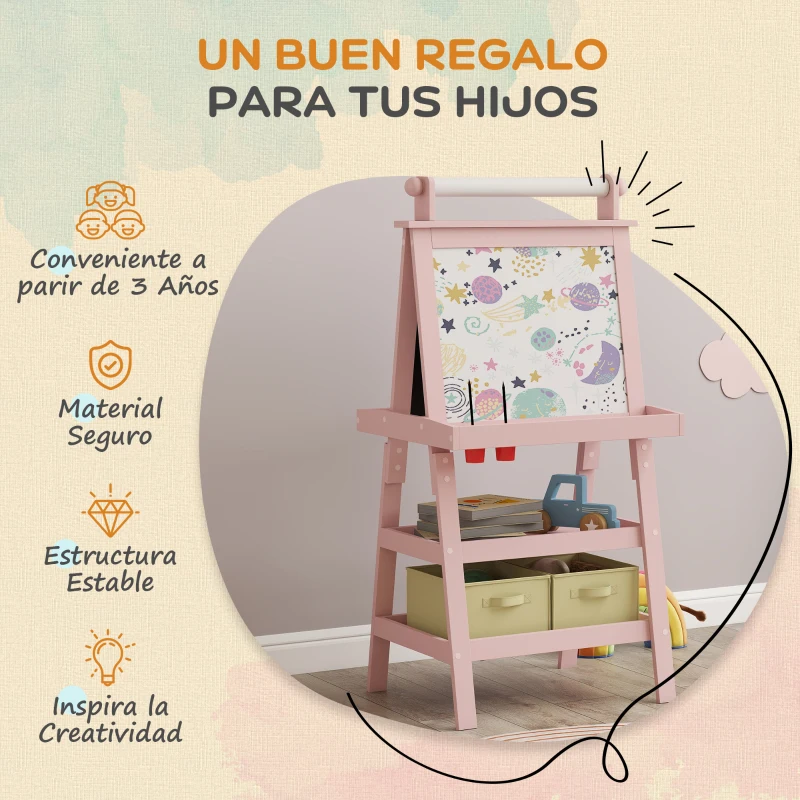 AIYAPLAY Pizarra Infantil Caballete 3 en 1 Caballete de Pintura para Niños de Doble Cara con Rollo de Papel y Cestas Rosa Palo