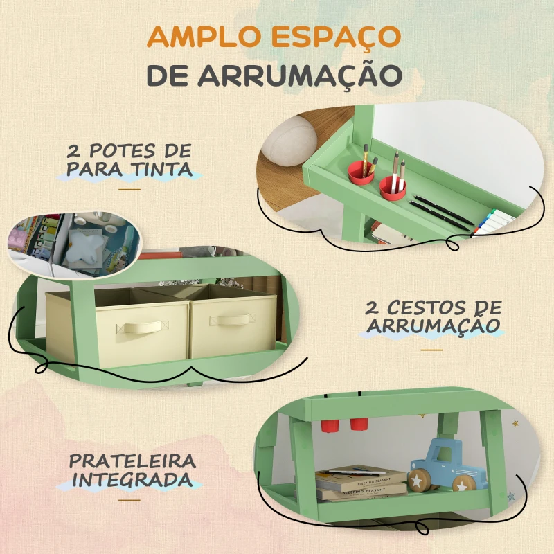 AIYAPLAY Cavalete de Pintura Infantil 3 em 1 Quadro Dupla Face com Rolo de Papel e Cestos de Arrumação Verde